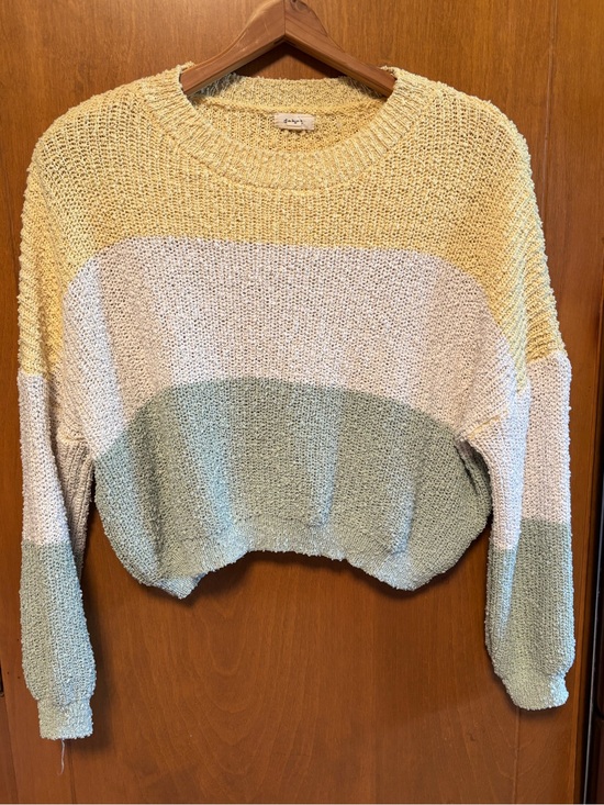 debut Sweaters - Pastel Colorblock Cropped Knit Sweater - Yellow, Cream & Sage